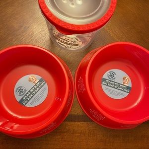 New 9” dog bowls(2) and medium size pet food jar